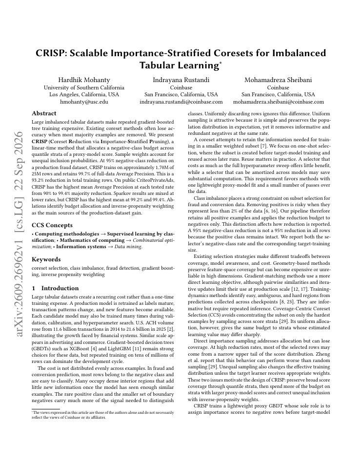 First page of CRISP: Scalable Importance-Stratified Coresets for Imbalanced Tabular Learning