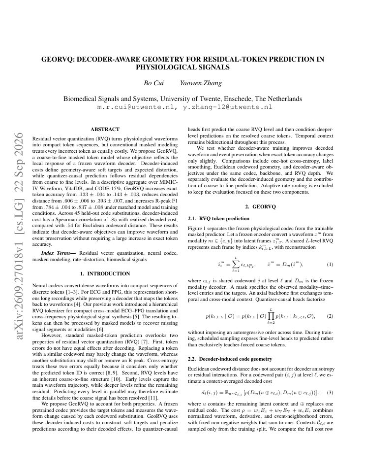 First page of GeoRVQ: Decoder-aware geometry for residual-token prediction in physiological signals