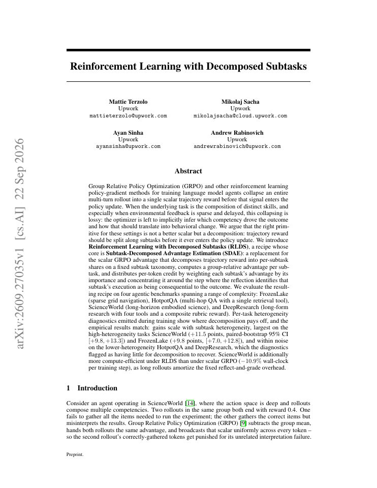 First page of Reinforcement Learning with Decomposed Subtasks