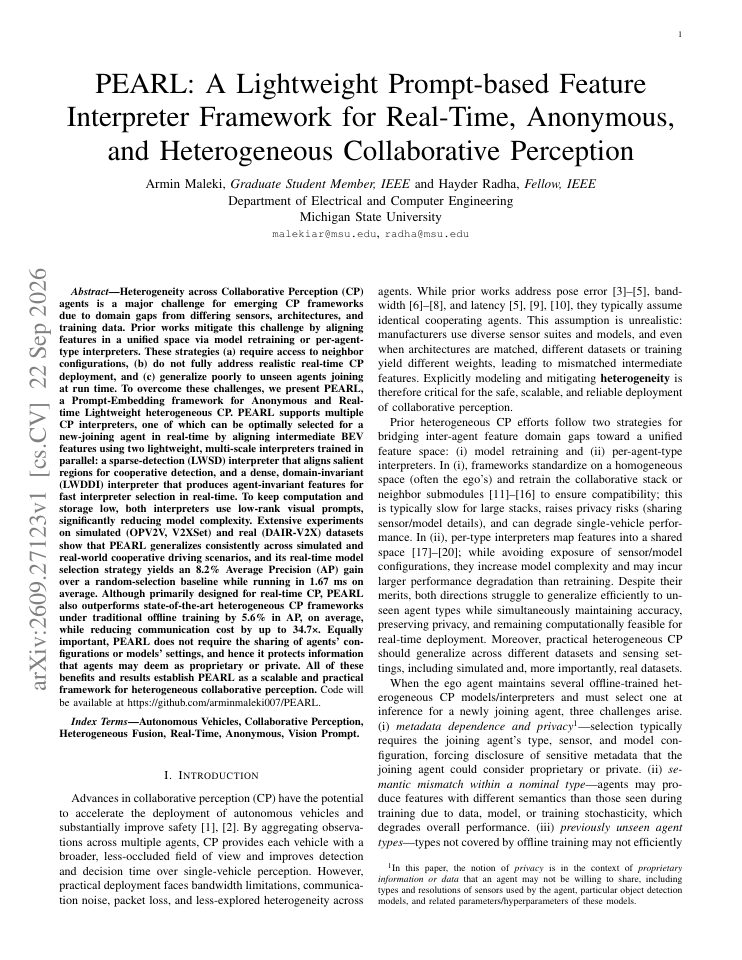 First page of PEARL: A Lightweight Prompt-based Feature Interpreter Framework for Real-Time, Anonymous, and Heterogeneous Collaborative Perception