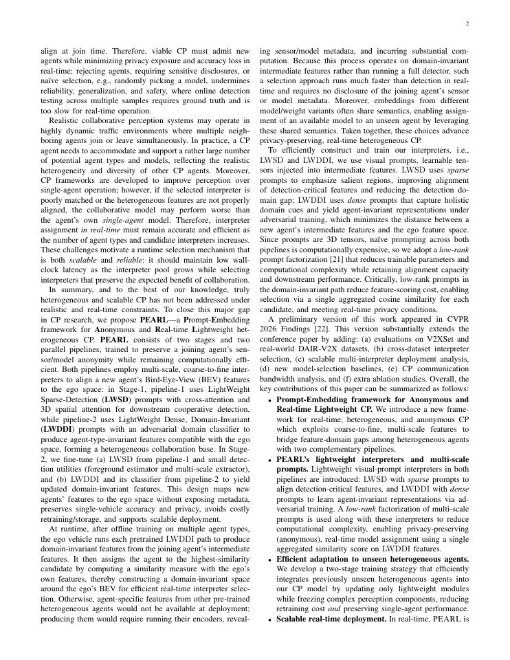 Page 2 of PEARL: A Lightweight Prompt-based Feature Interpreter Framework for Real-Time, Anonymous, and Heterogeneous Collaborative Perception