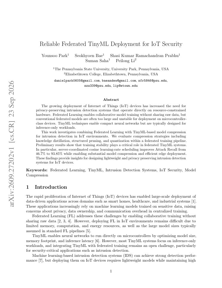 First page of Reliable Federated TinyML Deployment for IoT Security