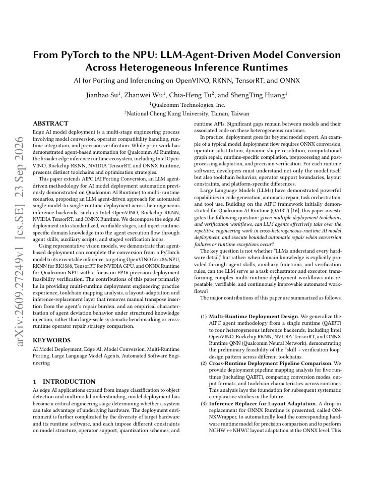 First page of From PyTorch to the NPU: LLM-Agent-Driven Model Conversion Across Heterogeneous Inference Runtimes