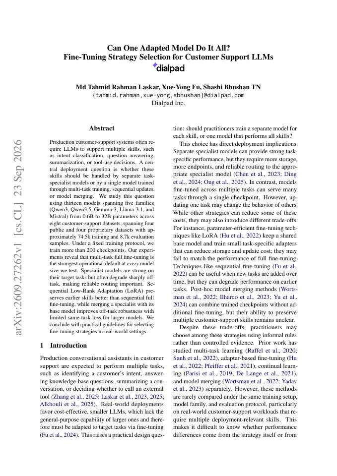 First page of Can One Adapted Model Do It All? Fine-Tuning Strategy Selection for Customer Support LLMs