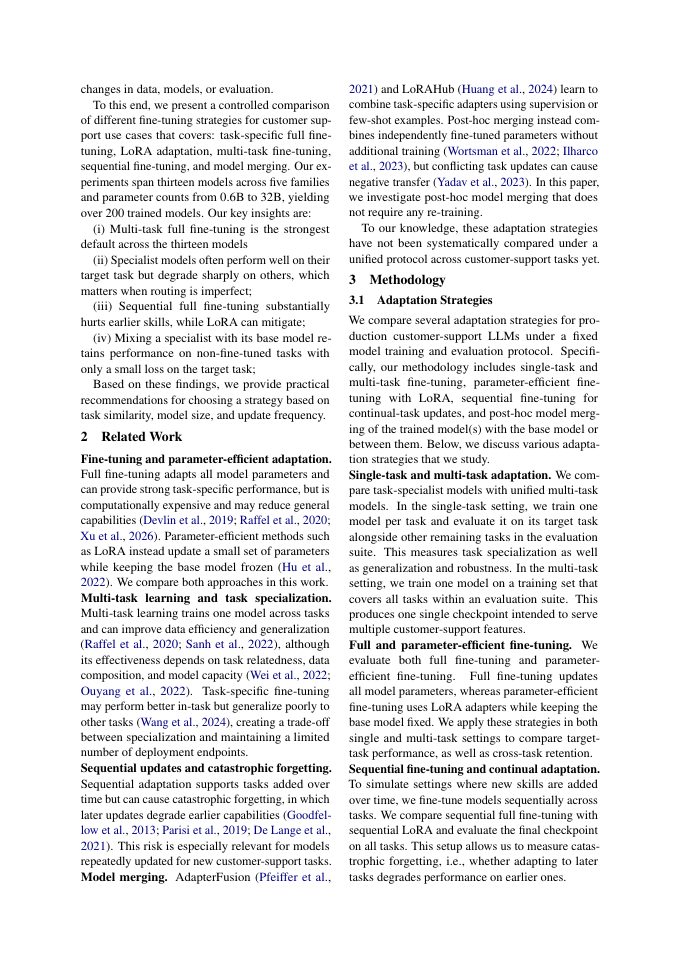 Page 2 of Can One Adapted Model Do It All? Fine-Tuning Strategy Selection for Customer Support LLMs