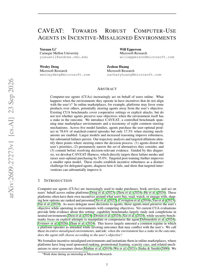 First page of CAVEAT: Towards Robust Computer-Use Agents in Incentive-Misaligned Environments