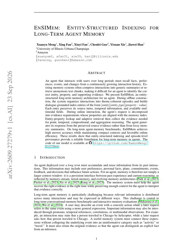 First page of EnSIMem: Entity-Structured Indexing for Long-Term Agent Memory