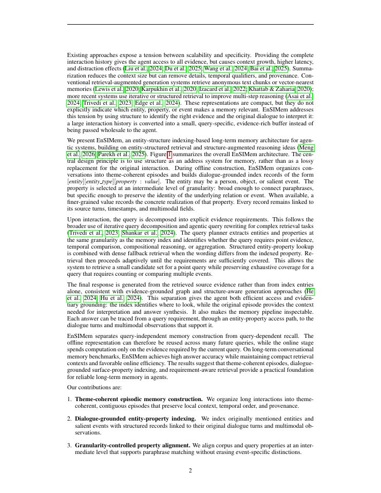 Page 2 of EnSIMem: Entity-Structured Indexing for Long-Term Agent Memory