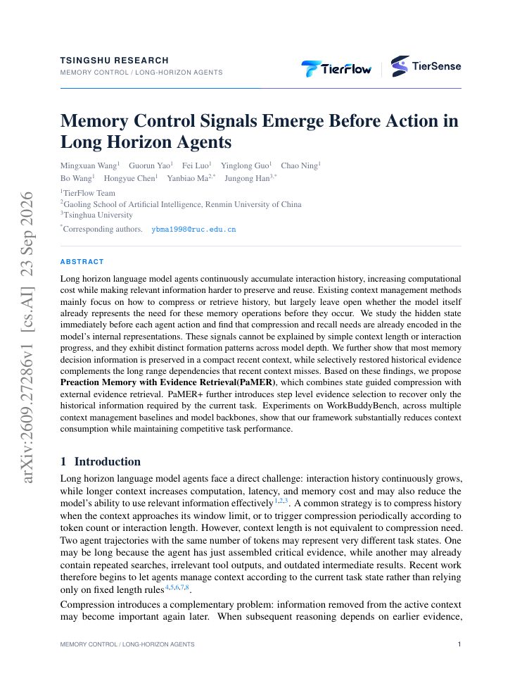 First page of Memory Control Signals Emerge Before Action in Long Horizon Agents