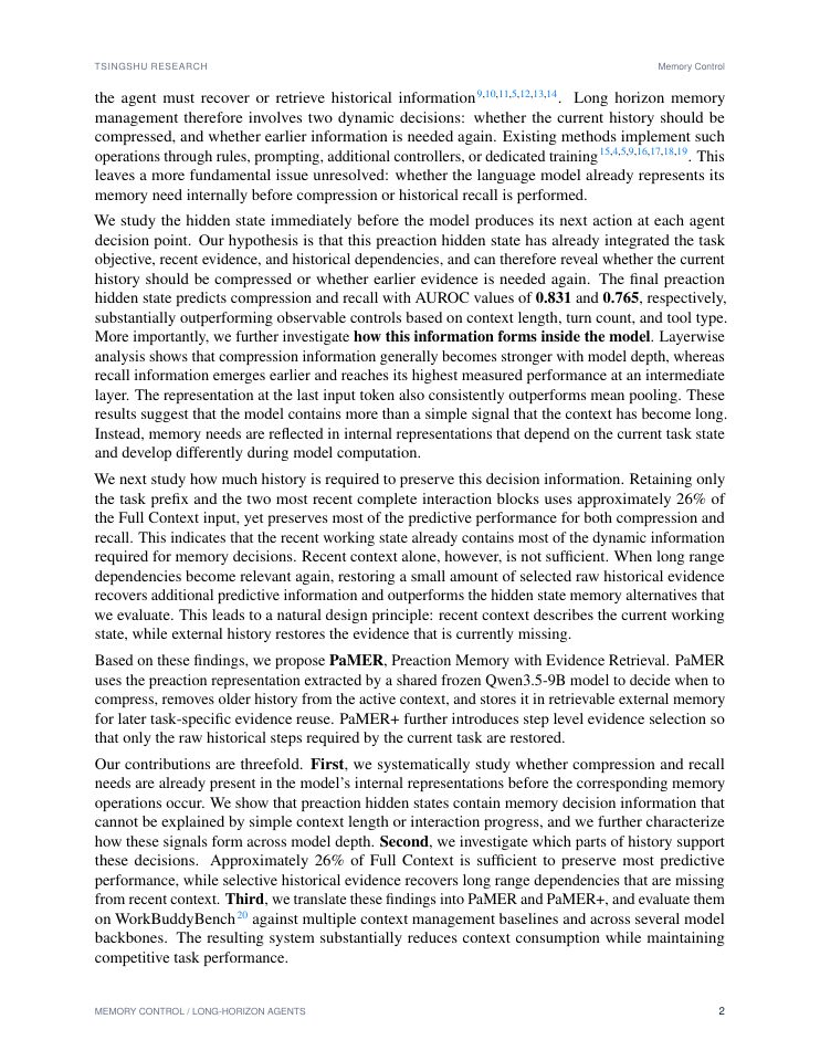 Page 2 of Memory Control Signals Emerge Before Action in Long Horizon Agents