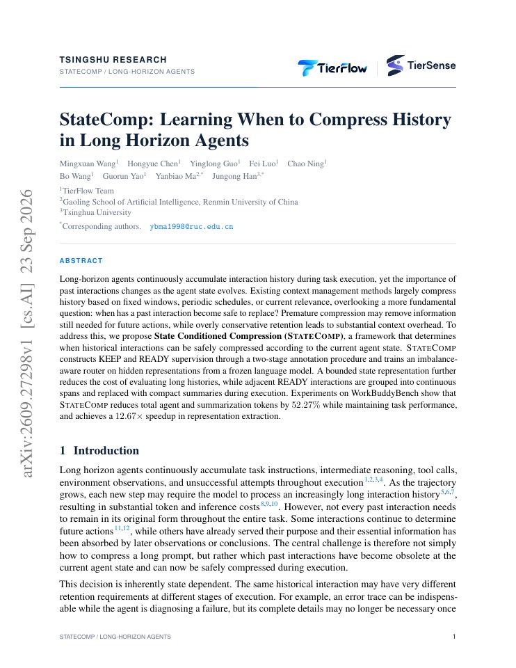 First page of StateComp: Learning When to Compress History in Long Horizon Agents