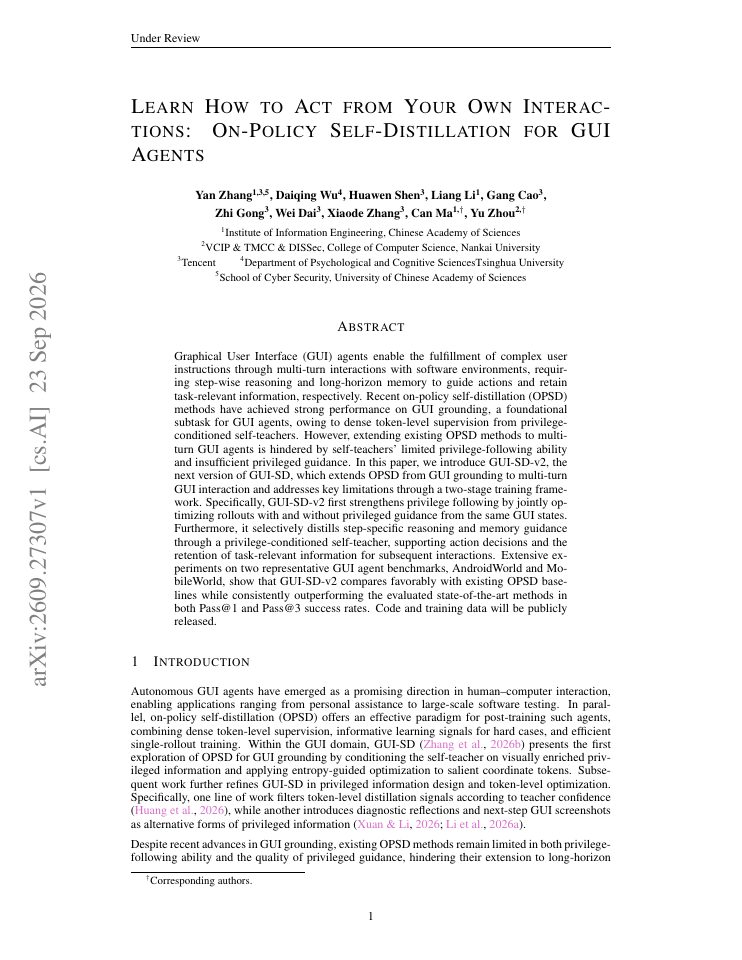 First page of Learn How to Act from Your Own Interactions: On-Policy Self-Distillation for GUI Agents
