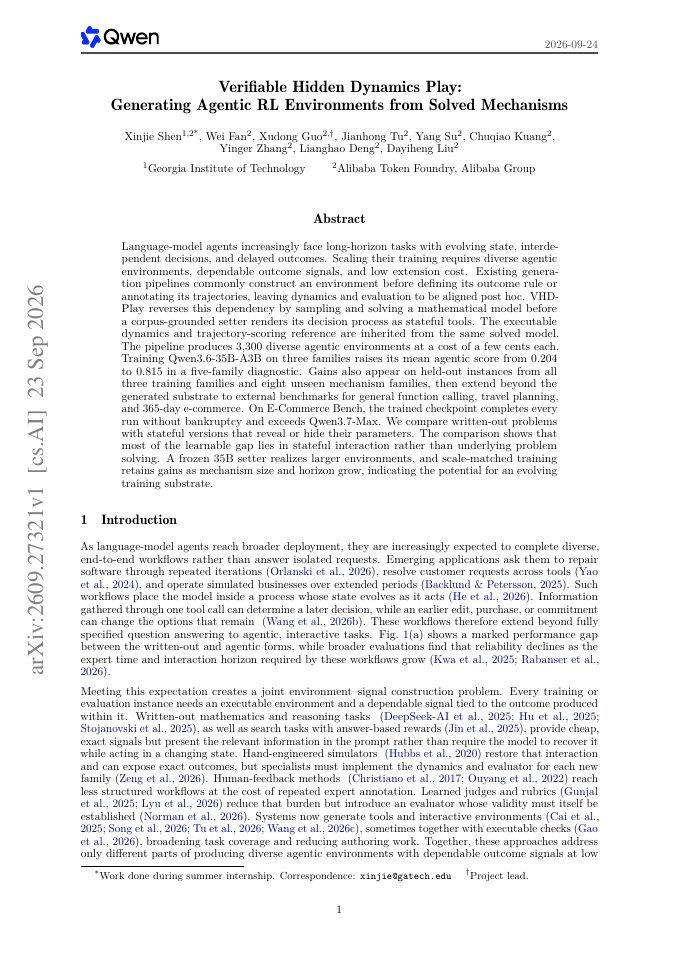 First page of Verifiable Hidden Dynamics Play: Generating Agentic RL Environments from Solved Mechanisms