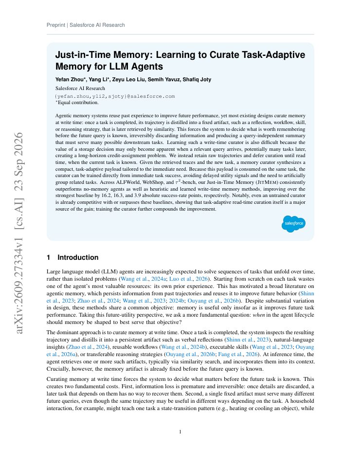 First page of Just-in-Time Memory: Learning to Curate Task-Adaptive Memory for LLM Agents