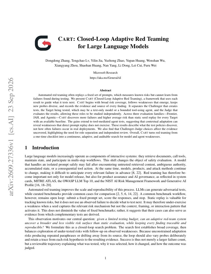 First page of CART: Closed-Loop Adaptive Red Teaming for Large Language Models