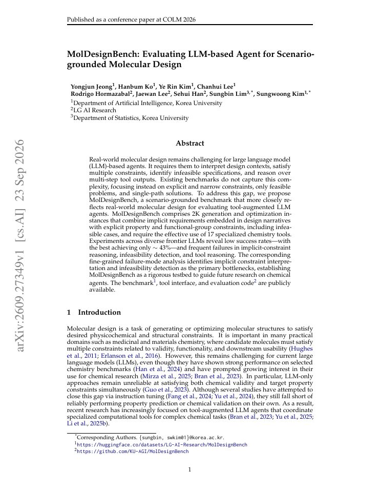 First page of MolDesignBench: Evaluating LLM-based Agent for Scenario-grounded Molecular Design