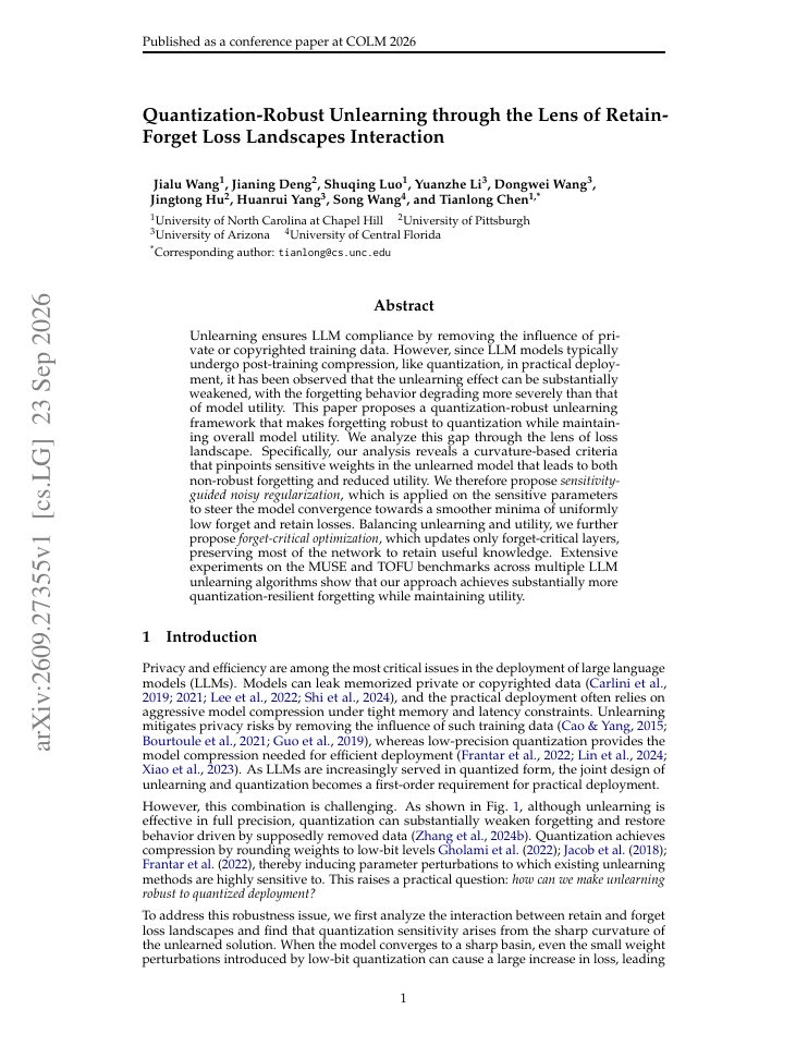 First page of Quantization-Robust Unlearning through the Lens of Retain-Forget Loss Landscapes Interaction