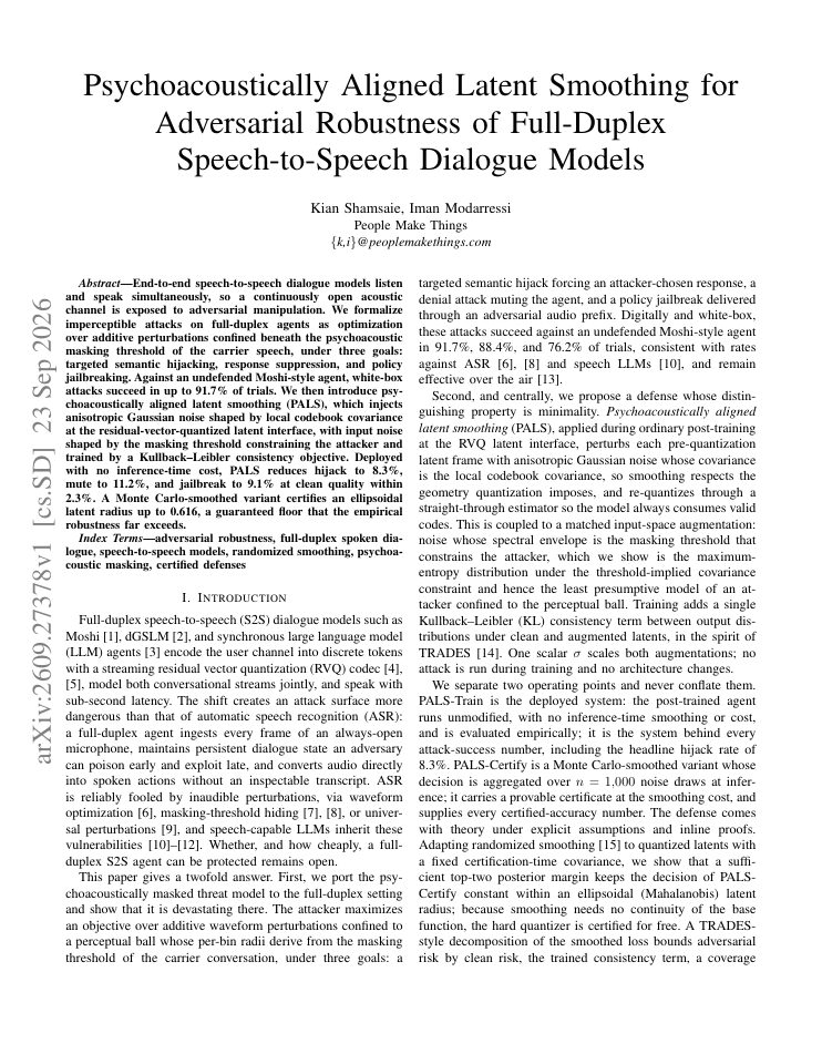 First page of Psychoacoustically Aligned Latent Smoothing for Adversarial Robustness of Full-Duplex Speech-to-Speech Dialogue Models