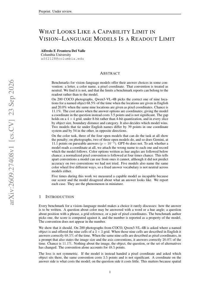 First page of What Looks Like a Capability Limit in Vision-Language Models Is a Readout Limit