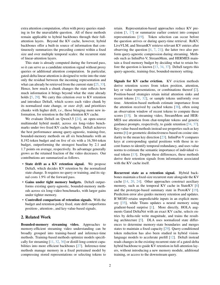 Page 2 of DeltaS: Reading the Gated Linear Attention State for KV Cache Eviction in Streaming Video