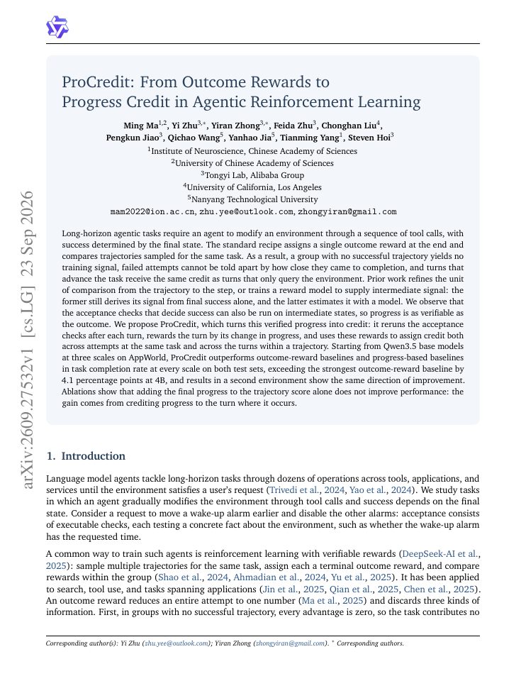 First page of ProCredit: From Outcome Rewards to Progress Credit in Agentic Reinforcement Learning