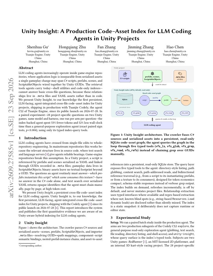 First page of Unity Insight: A Production Code--Asset Index for LLM Coding Agents in Unity Projects