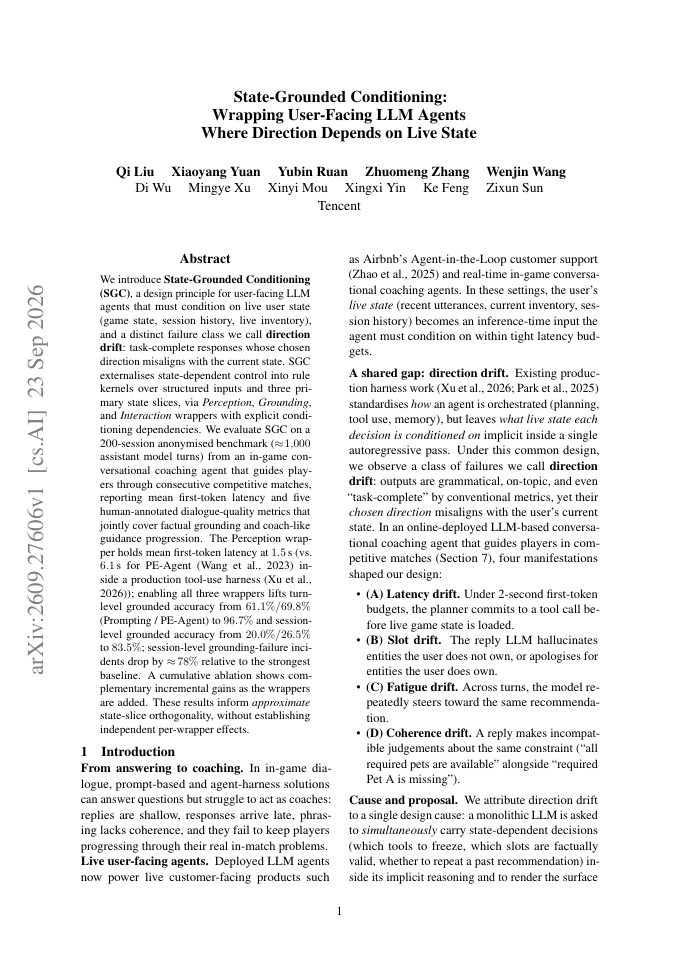 First page of State-Grounded Conditioning: Wrapping User-Facing LLM Agents Where Direction Depends on Live State