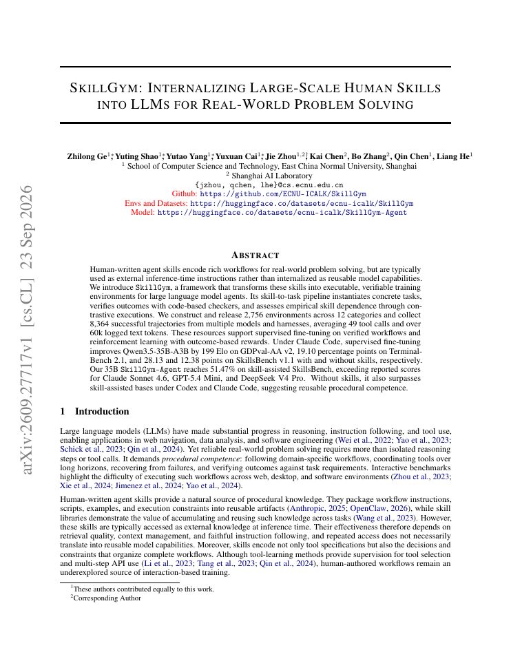 First page of SkillGym: Internalizing Human Skills into LLMs for Real-World Problem Solving
