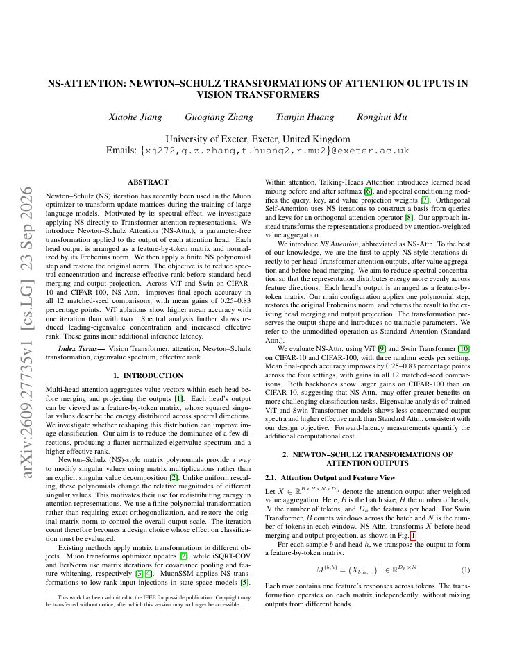 First page of NS-ATTENTION: Newton-Schulz Transformations of Attention Outputs in Vision Transformers