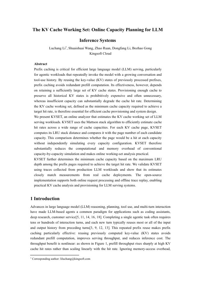 First page of The KV Cache Working Set: Online Capacity Planning for LLM Inference Systems