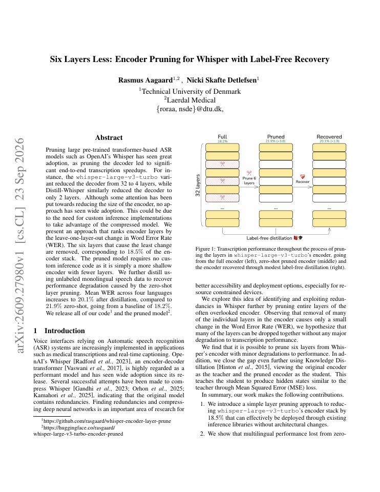 First page of Six Layers Less: Encoder Pruning for Whisper with Label-Free Recovery