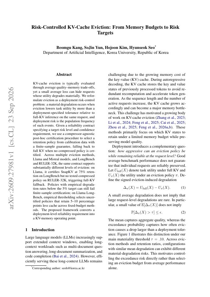 First page of Risk-Controlled KV-Cache Eviction: From Memory Budgets to Risk Targets