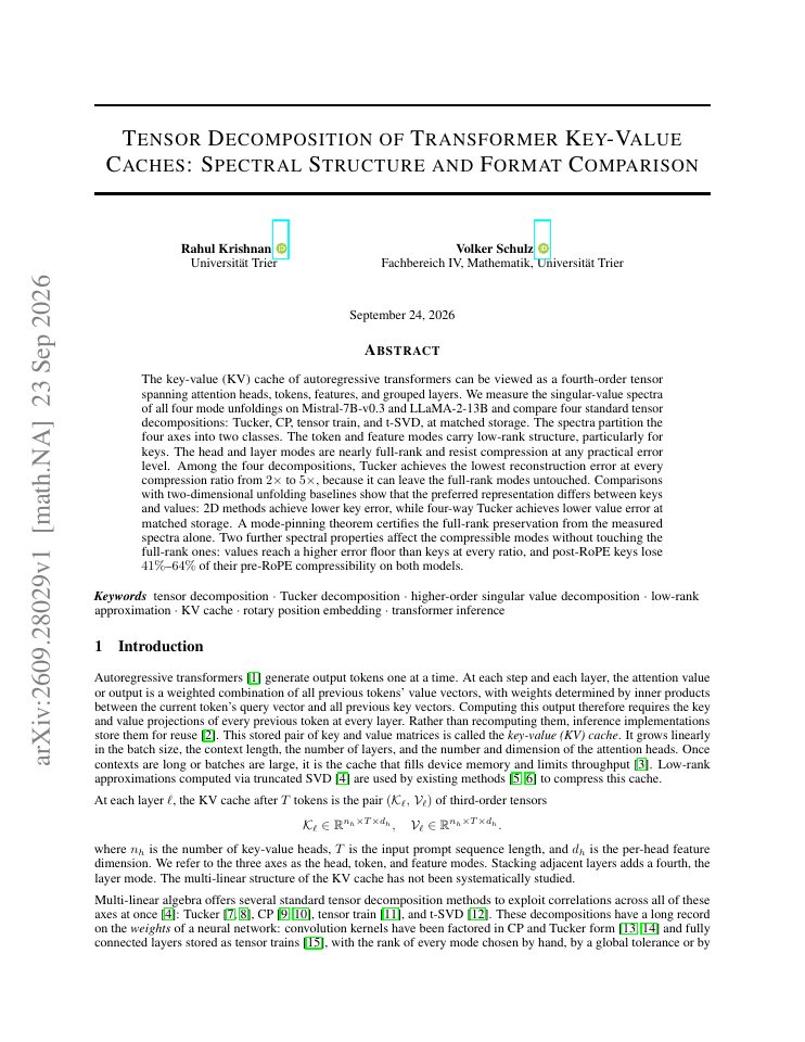 First page of Tensor Decomposition of Transformer Key-Value Caches: Spectral Structure and Format Comparison