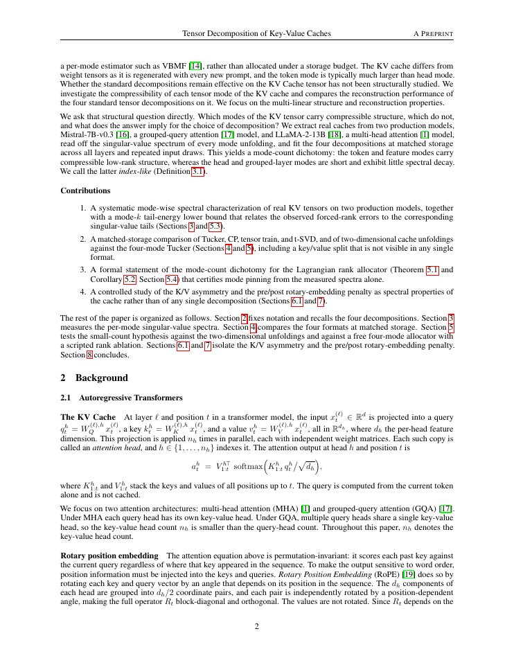 Page 2 of Tensor Decomposition of Transformer Key-Value Caches: Spectral Structure and Format Comparison