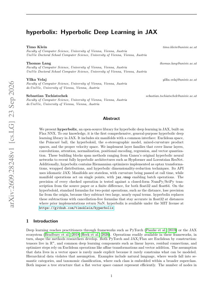 First page of hyperbolix: Hyperbolic Deep Learning in JAX