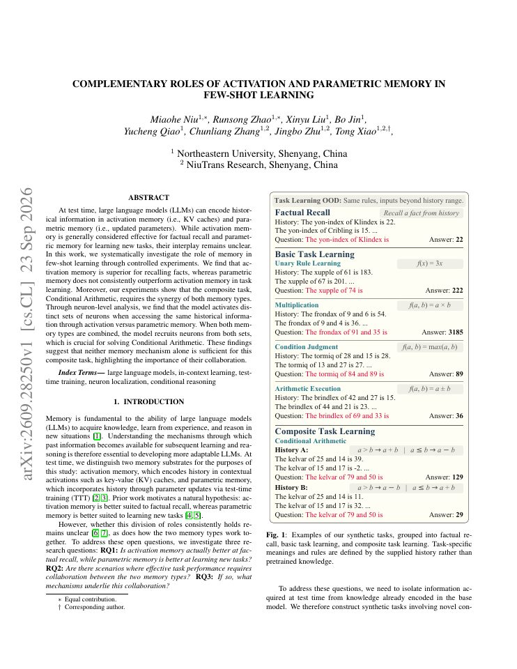 First page of Complementary Roles of Activation and Parametric Memory in Few-Shot Learning