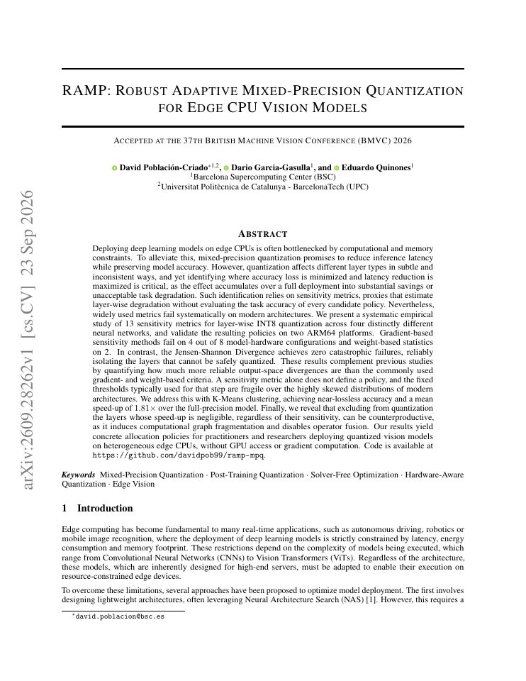 First page of RAMP: Robust Adaptive Mixed-Precision Quantization for Edge CPU Vision Models