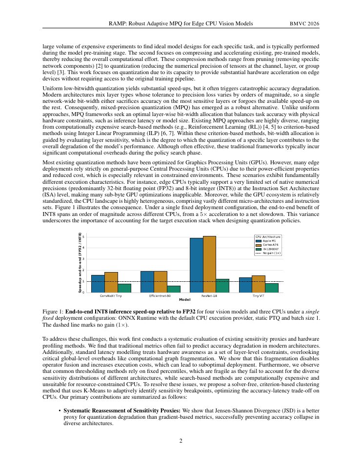Page 2 of RAMP: Robust Adaptive Mixed-Precision Quantization for Edge CPU Vision Models
