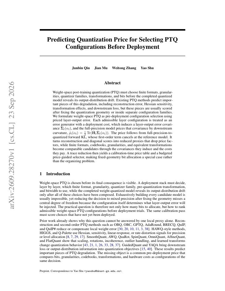 First page of Predicting Quantization Price for Selecting PTQ Configurations Before Deployment