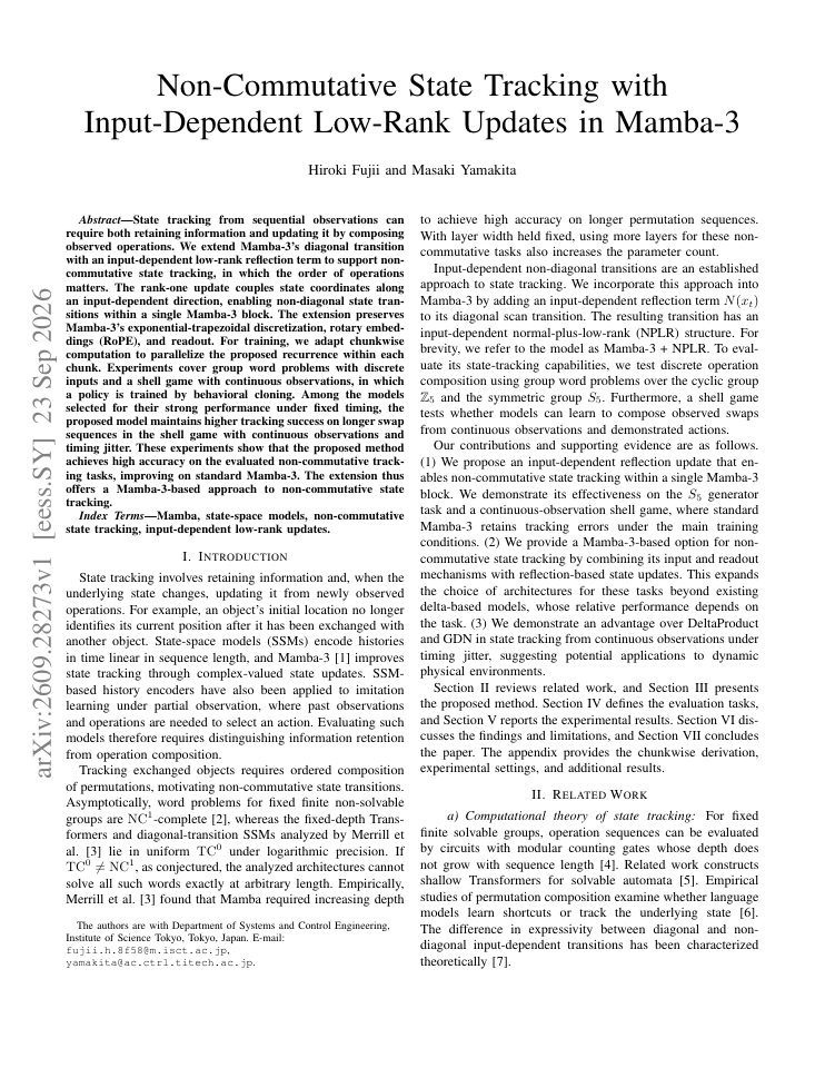 First page of Non-Commutative State Tracking with Input-Dependent Low-Rank Updates in Mamba-3
