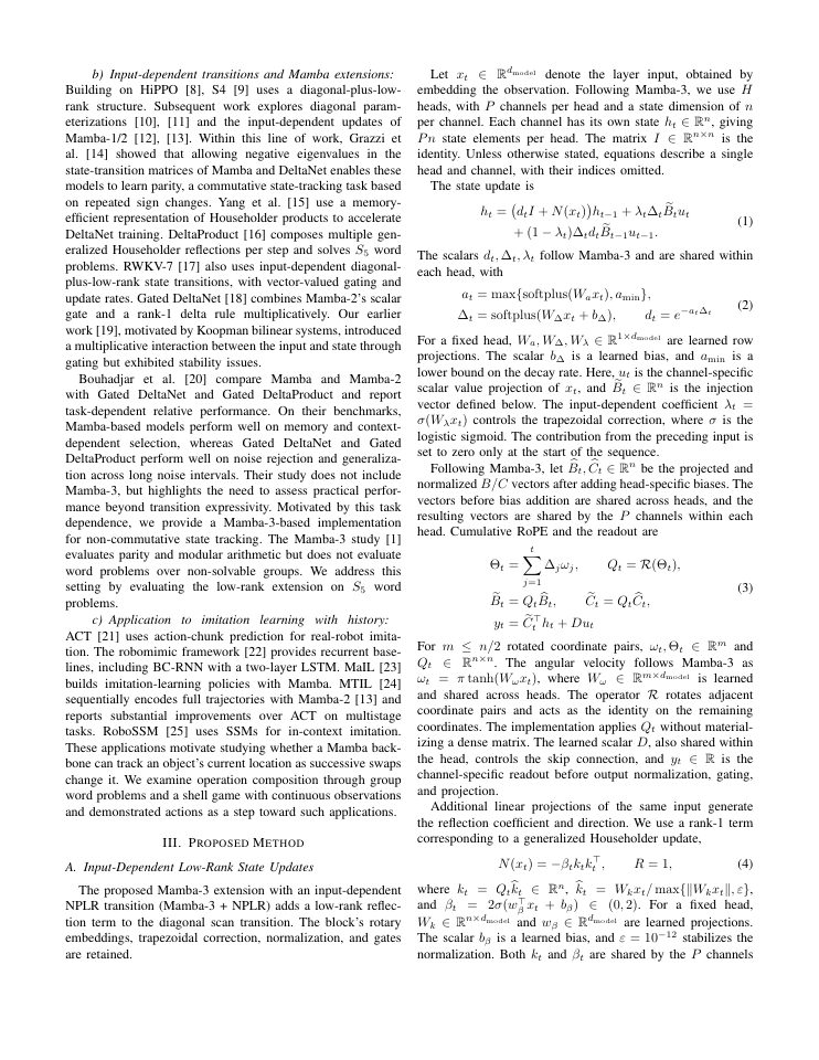 Page 2 of Non-Commutative State Tracking with Input-Dependent Low-Rank Updates in Mamba-3