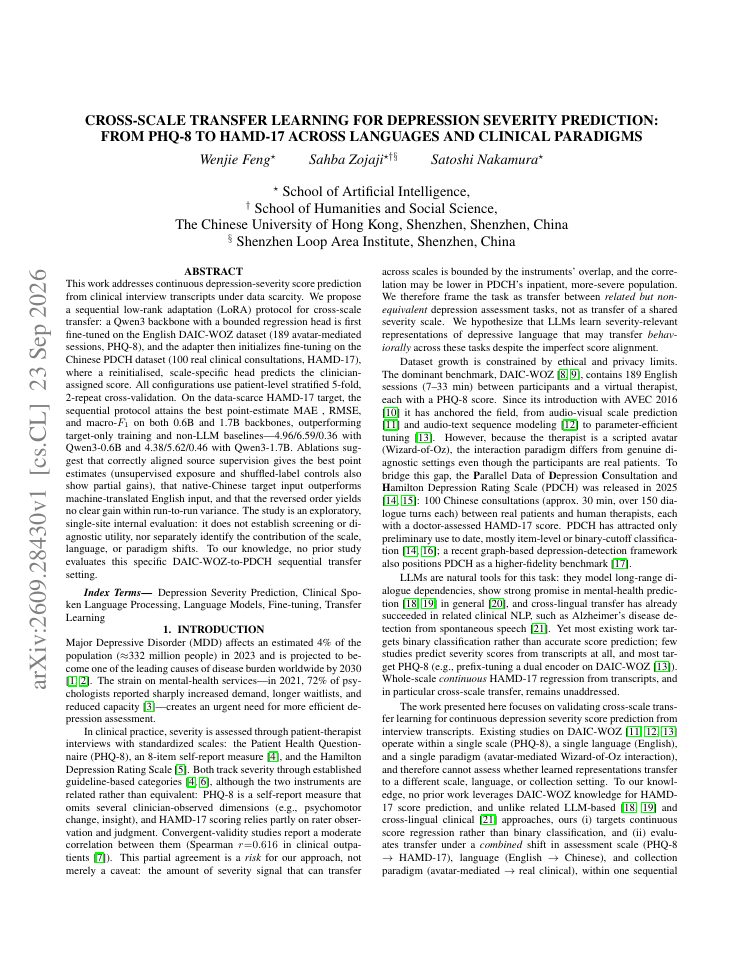 First page of Cross-Scale Transfer Learning for Depression Severity Prediction: From PHQ-8 to HAMD-17 Across Languages and Clinical Paradigms