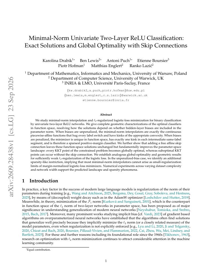 First page of Minimal-Norm Univariate Two-Layer ReLU Classification: Exact Solutions and Global Optimality with Skip Connections