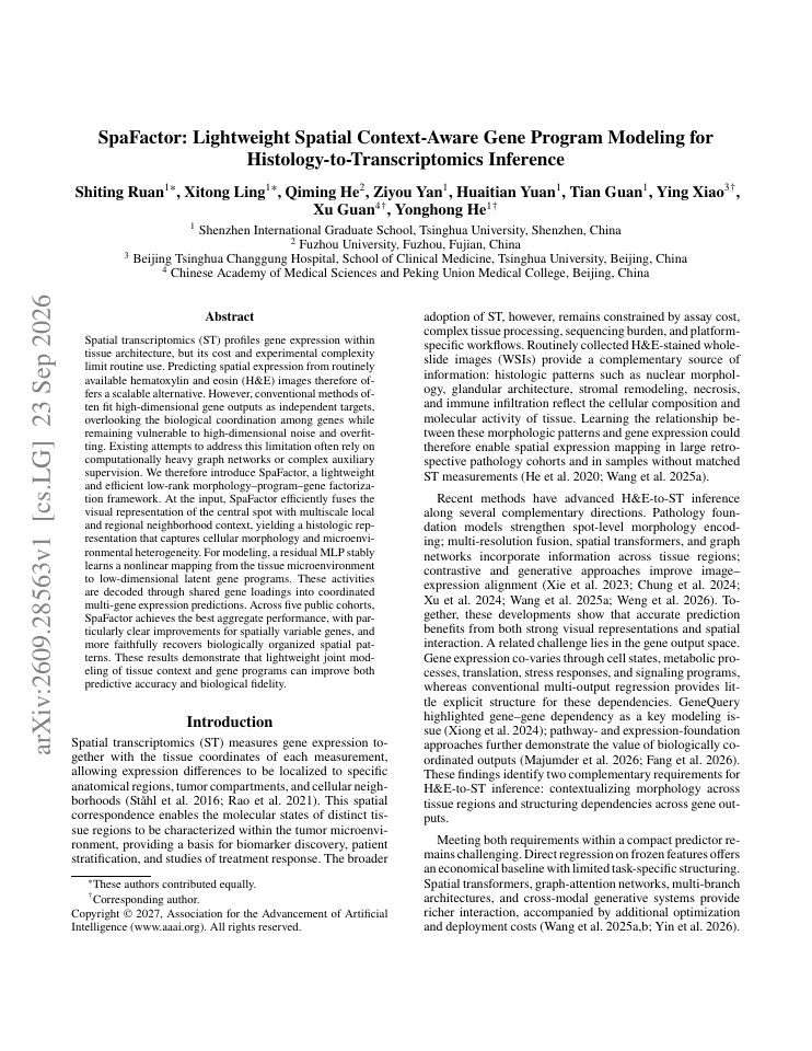 First page of SpaFactor: Lightweight Spatial Context-Aware Gene Program Modeling for Histology-to-Transcriptomics Inference