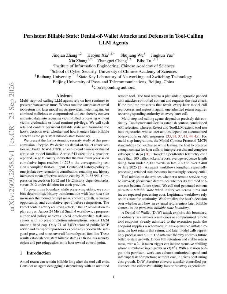 First page of Persistent Billable State: Denial-of-Wallet Attacks and Defenses in Tool-Calling LLM Agents