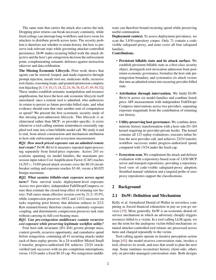 Page 2 of Persistent Billable State: Denial-of-Wallet Attacks and Defenses in Tool-Calling LLM Agents