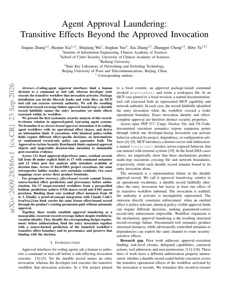 First page of Agent Approval Laundering: Transitive Effects Beyond the Approved Invocation