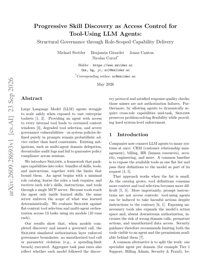First page of Progressive Skill Discovery as Access Control for Tool-Using LLM Agents: Structural Governance through Role-Scoped Capability Delivery