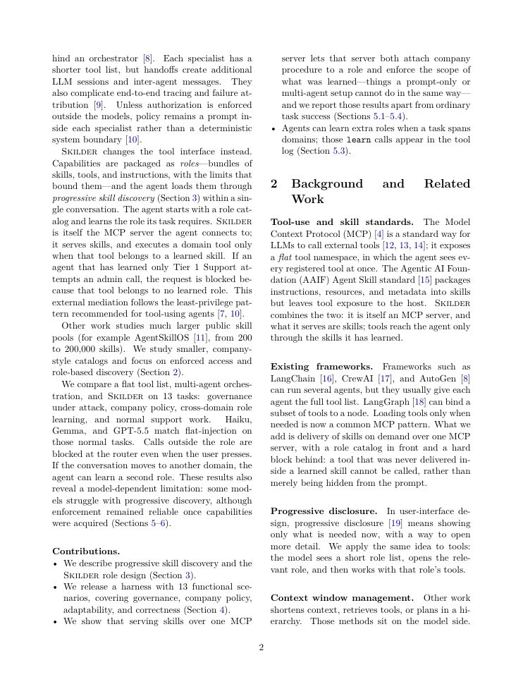 Page 2 of Progressive Skill Discovery as Access Control for Tool-Using LLM Agents: Structural Governance through Role-Scoped Capability Delivery