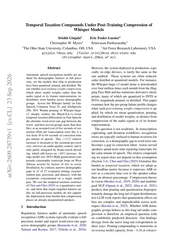 First page of Temporal Taxation Compounds Under Post-Training Compression of Whisper Models